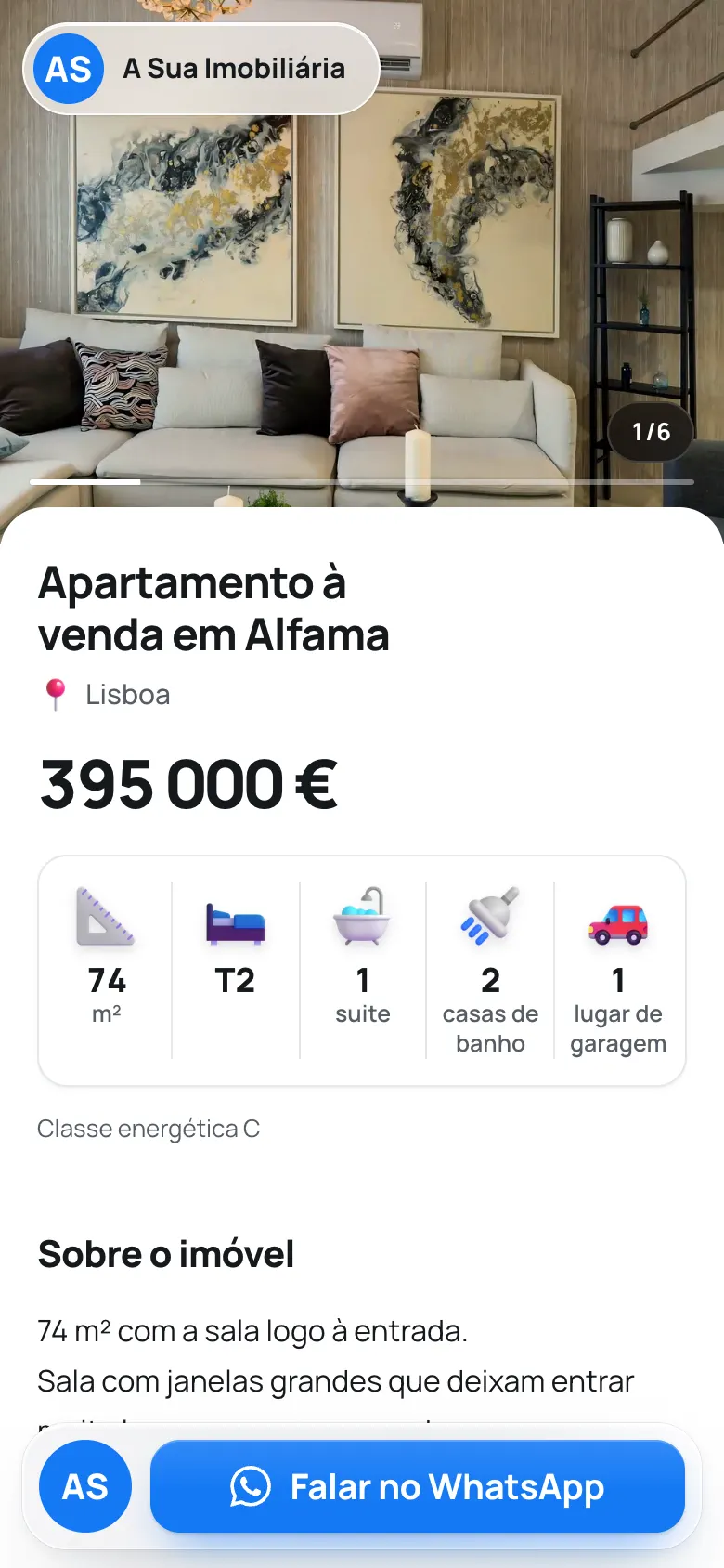 Página do apartamento em Alfama no site do consultor, no telemóvel