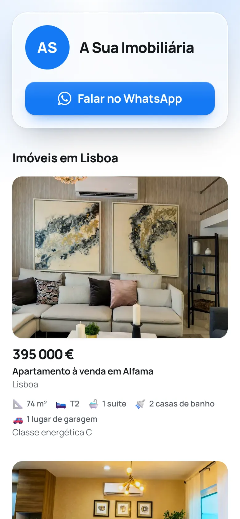 Lista de imóveis no site do consultor, no telemóvel